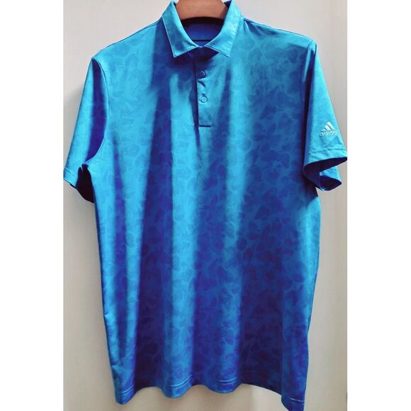 Adidas Golf Polo Shirt L Prisma Blue Short Sleeve Abstract Print Logo Raised Arm - Picture 3 of 12